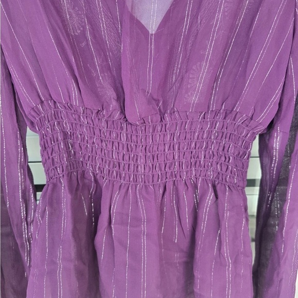 WD.NY 100% Silk Blouse Size 14 Purple Whilte Embroidered Flare Long Sleeves Y2k - Picture 13 of 14
